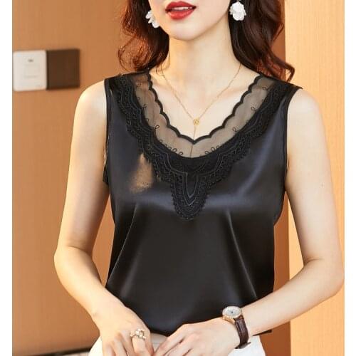 Embroidery V-Neck Patchwork Satin Elegant Tank Top Ladies Sleeveless Solid Color Casual Bottoming Camisole Women Summer Slim Top