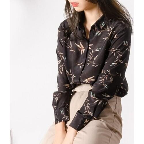 2019 Star Style Pure Silk Top 100% Mulberry Silk Women Long-sleeve Print Blouses M L XL FREE SHIPPING