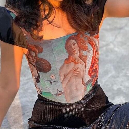 Europe and the United States in 2021 summer retro oil painting broken flower bubble sleeve exposed navel bra short sleeve blouse