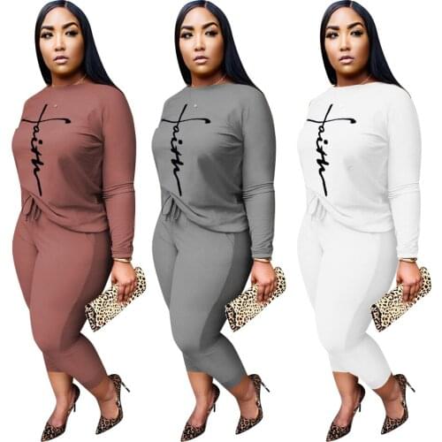European and American womens plus size casual two-piece suit Letter printing fashion two-piece suit Autumn new two-piece suit