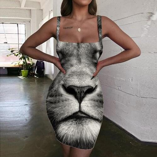 Giyu Brand Lion Dress Women Animal Halter Sleeveless Anime Vestido Sexy Head 3d Print Hip Hop Ladies Dresses Womens Clothing