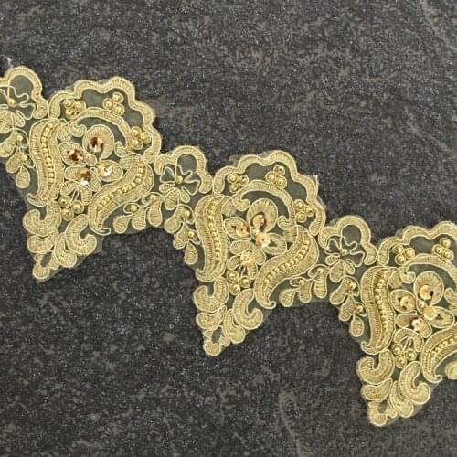 Gold sequins Rhinestone Beaded lace trim,apliques cristales trim parches sew on lace trimming motif patches for clothing