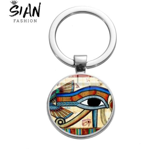 SIAN Vintage Pattern Horus Eye Keychain Egyptian God Power Eye Glass Dome Gem Key Ring Silver Plated Handcrafted Amulet Ornament