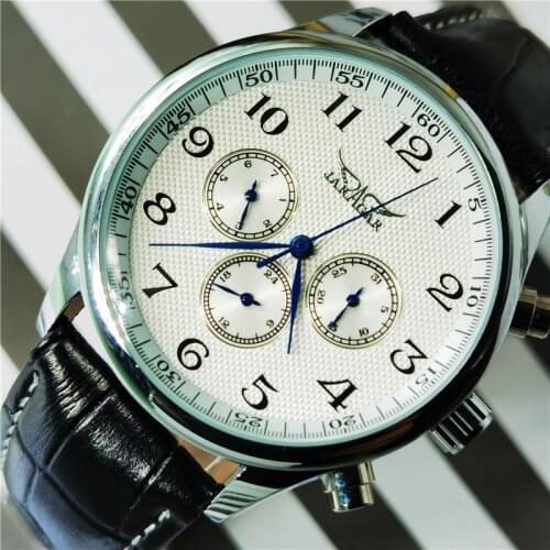 JARAGAR Classic White Dial Blue Hands Mens Auto Mechanical Watch Wristwatch Date 24hrs Genuine Leather Strap Watches Male Clock