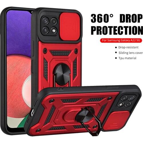 Slide Camera Lens Protective Case For Samsung Galaxy A22 5G Shockproof Cover For Samsung A22 A 22 with Ring Magnet Stand Coque