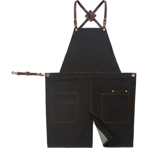 Black Denim Split Leg Apron Cow Leather Cotton Straps Barber Florist Painter Work Wear Barista Bartender Pastry Chef Uniform D97