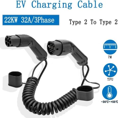 EV Car Cable Type 2 to Type 2 Connector 22KW Three Phase for Electric Car Accessories 7M EVSE Charging Cable