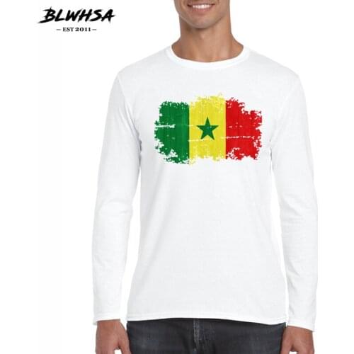 BLWHSA Men T shirts Senegal National Flag Nostalgic Style Long Sleeve T-shirt Mens Autumn Fitness White Clothes