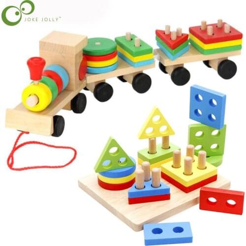Hot Selling Baby Toys Wood Train Truck Set Geometric Sorting Board Montessori Kids Educational Toy Stacked Puzzle Child Gift ZXH