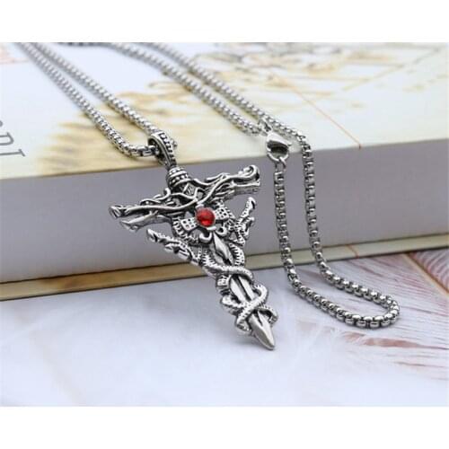 Statement Necklace Prayer Punk Jewelry Gift Retro Dragon Cross Necklaces Pendant For Men Stainless Steel Silver Color Long Chain