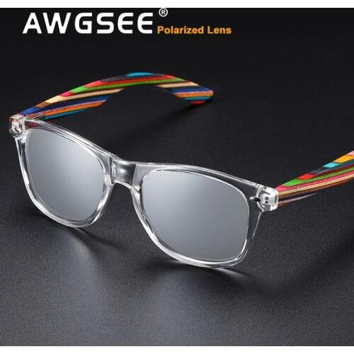 AWGSEE Polarized PC Frame With Wooden Legs Sunglasses for Men or Women Color Wooden Temples