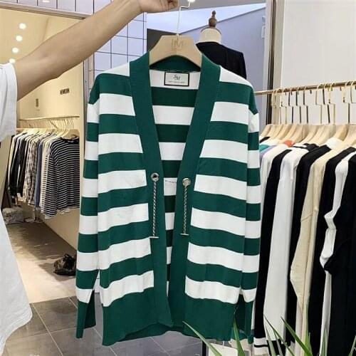 Mens casual pullover loose cardigan mens V-neck striped sweater autumn and winter original new brand sweater coat sweater Asia