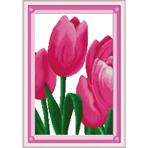 Pink tulip cross stitch kit flower 18ct 14ct 11ct count printed canvas stitching embroidery DIY handmade needlework