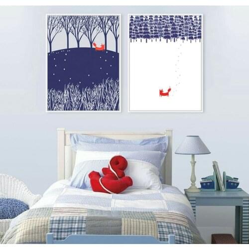 Nordic Art Snow Forest Red Fox Minimalist Painting Cartoon Modern Nursery Picture Home Children Room Decoration Wall Art