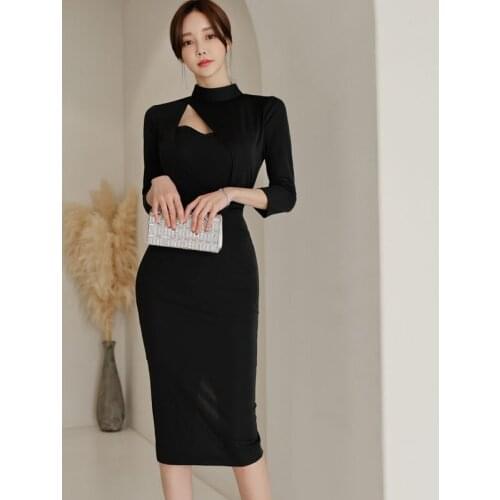 New arrival fashion spring midi dress women OL temperament sexy stand collar hollow 3/4 sleeve black slim split pencil dress
