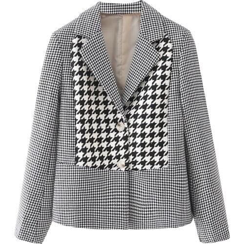 2021 autumn Women Plaid Blazer Long Sleeve grid Coat Button-up jacket Female Outerwear Chic Patchwork Houndstooth Suits Femme