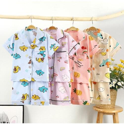 Kids Pajama Sets Cotton Pajamas Boys Girls Clothing Sets Pyjamas Short Sleeve Turn-down collar Blouse Tops+Shorts Sleepwears
