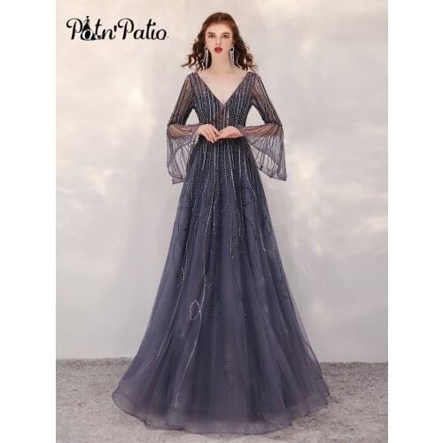 Luxury Heavy Handmade Beads Evening Dresses With Long Sleeves 2021 Elegant V-Neck Floor-Length Gray A-Line Celebrity Dresses
