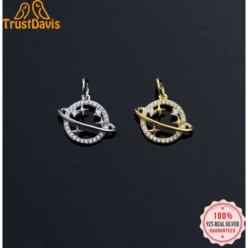 TrustDavis Real S925 Sterling Silver Star Planet Shiny CZ Charms Pendant For Bracelet Or Necklace DIY Accessories Jewelry HY305