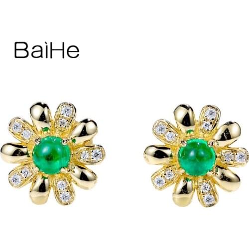 BAIHE Solid 14K Yellow Gold 0.20ct Emerald 0.04ct Natural Diamonds Earrings Flower Women Trendy Fine Jewelry серьги 2020 тренд