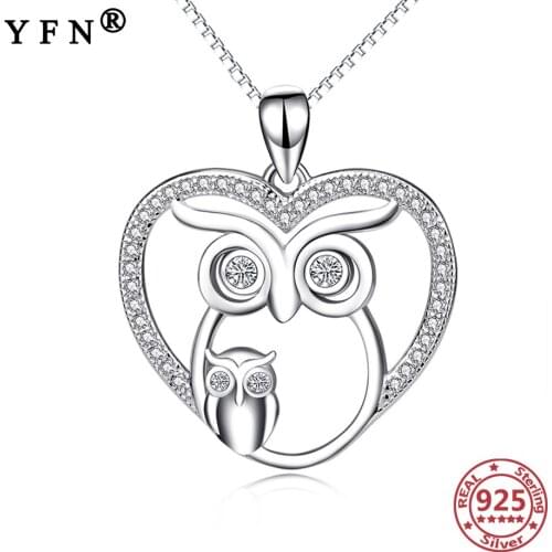 YFN 925 Sterling Silver Owl Necklaces Heart Mom&Baby Owl Pendant Necklaces Crystal Zircon Woman Silver Chains Mothers Day Gifts