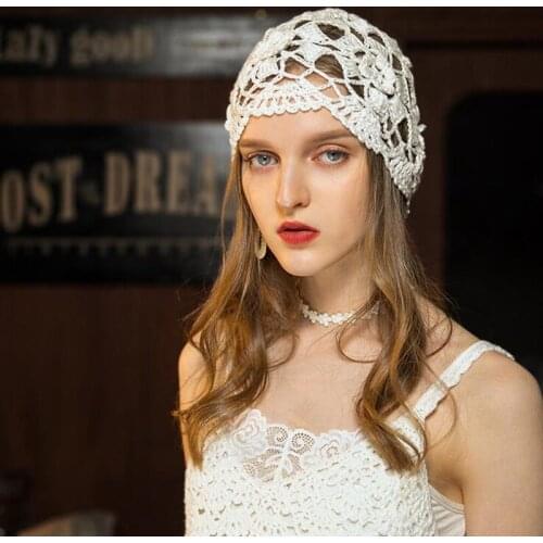 Women Flowers Lace Beanie Cap Female Spring Summer Korean Sweet Lovely Skullies Hat Girl Leisure All-match Beanies Hats H6768