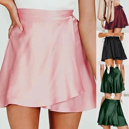 Women Summer High Waist Lace-Up Loose Casual Chiffon Satin Mini Skirt Solid Color Fashion Short Skirts