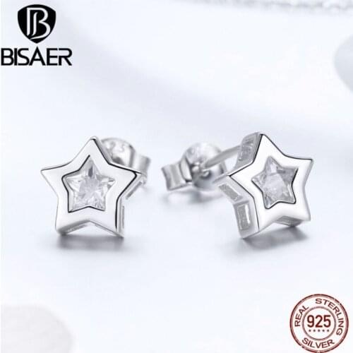 BISAER Hot Sale 925 Sterling Silver Dazzling CZ Star Secret Small Stud Earrings for Women Fashion Earrings 2019 Jewelry ECE437