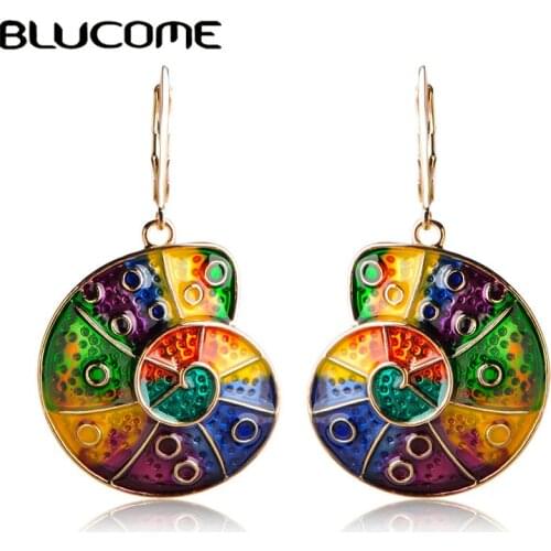 Blucome Colorful Rainbow Color Snail Shape Pendant Earrings Alloy Enamel Drop Earrings Holiday Ear Accessories Long Pendientes