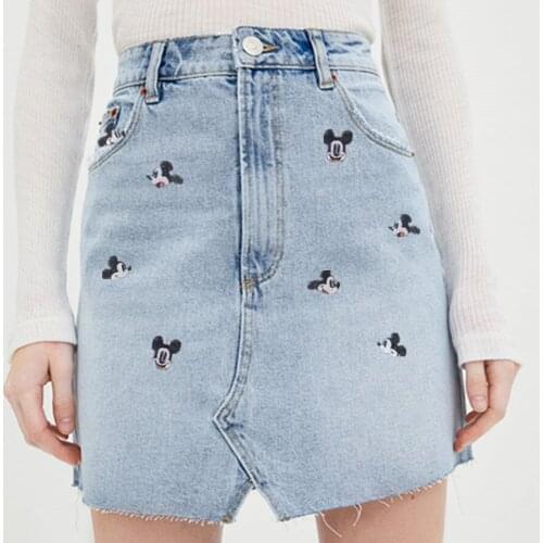 Jenny&Dave skirt women 2piece sets denim skirts women vintage cute cartoon mouse embroidery high waist a-line mini burrs denim