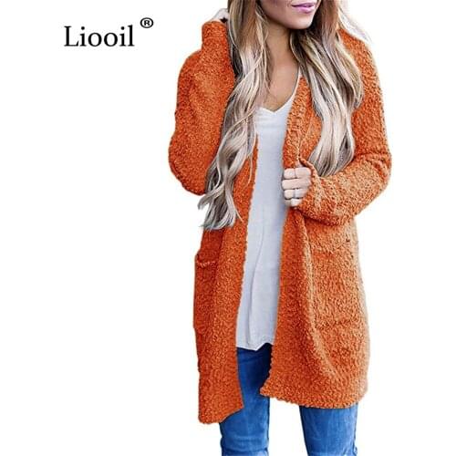 Liooil Casual Loose Knitted Grain Fleece Long Cardigan Women 2020 Long Sleeve With Pocket Female Autumn Winter Sweater And Coat