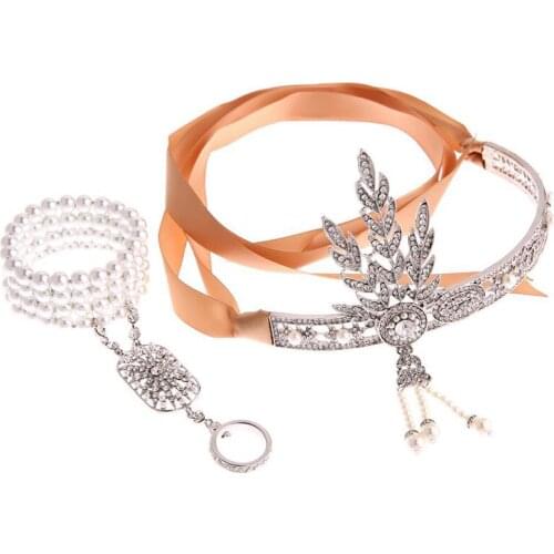 Womens Art Deco 1920s Vintage Bridal Headpiece Costume Hair Accessoy and Bracelet Great Gatsby Dress Accessories