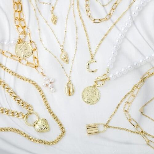 Bohemian Multi Layered Cuba Chain Necklace for Women Vintage Portrait Coin Star Moon Pendant Necklace Geometric Collier Collares