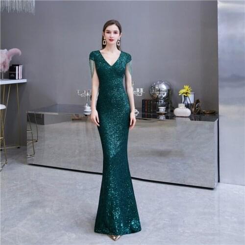 Milomi.CP Full Sequined Dark Green V-Neck Mermaid robe de soiree Evening dress long Vestido de festa Serene hill 24451