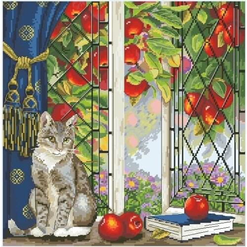 Gold Collection Counted Cross Stitch Kit Early Autumn Cat Kitten and Apple Tree Book Windowsill Apron