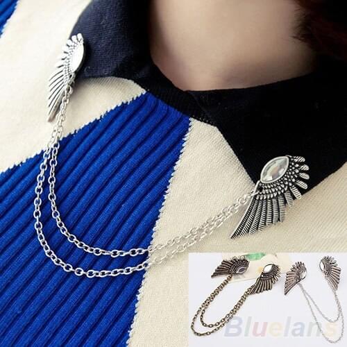 2016 Retro Collar Clip Punk chain Blouse Shirt angel Wing Tips pin brooch boho tassel AR2H