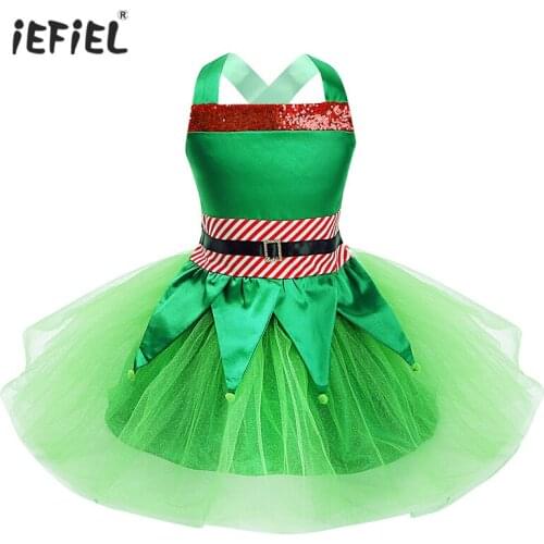 2019 Kids Girls Christmas Cosplay Costume Outfit Dress Up Sleeveless Sequins Striped Waist Criss Cross Back Tops with Tutu Skirt