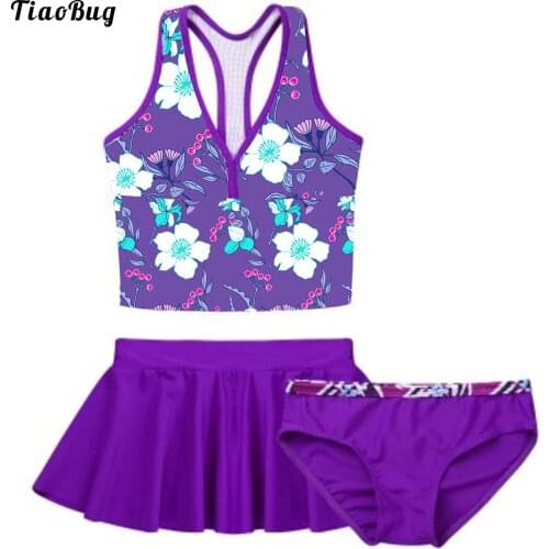 2021 Summer Kids Girls 3Pcs Tankini Swimwear Floral Printed Swimsuit Bathing Suit Set V-Neck Vest Tops With Bottoms Skirt Briefs