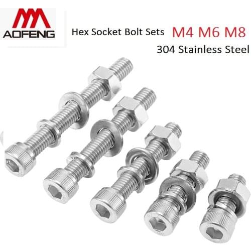 304 Stainless Steel Hex Socket Bolts Sets M4 M6 M8 X 6 8 10 12 16 20 25 30 40 45 50mm Long Hex Socket Screw with Nut and Washers