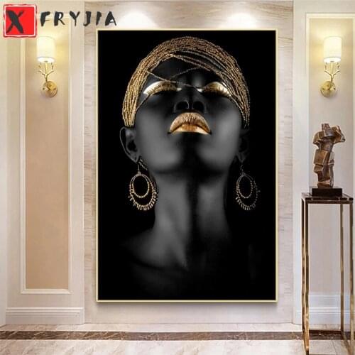 Diamond Painting Modern art, black African figures, gold jewelry 5d Diamond Embroidery Full Display Diamond Mosaic Decoration