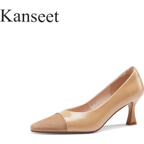 Kanseet Real Leather Female Shoes Patchwork Pointed Toe Pumps Thin Heels Shoes 2021 Fashion Design Party Dress Footwear Size 40