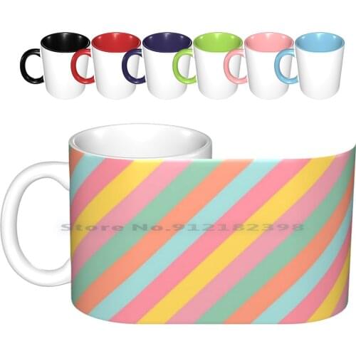 Summer Pastel Stripes Ceramic Mugs Coffee Cups Milk Tea Mug Stripped Background Retro 70 S 80 S Pink Yellow Mauve Baby Blue