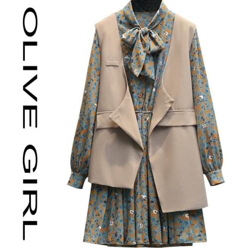 Fashion Dress Suit Female Plus Size Retro Floral Dress Irregular Vest Two-piece Spring and Autumn New Korean Version of French