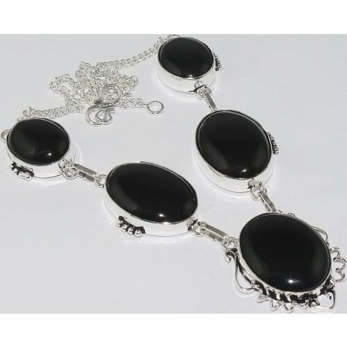 Black Onyx Necklace Silver Overlay over Copper , 46.5 cm, N2132
