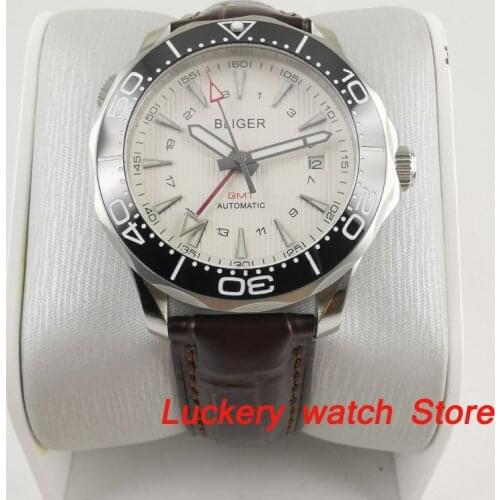 41mm bliger Luxury watch white dial Luminous saphire glass;Leather strap GMT Automatic mens Mechanical Watches-BA194