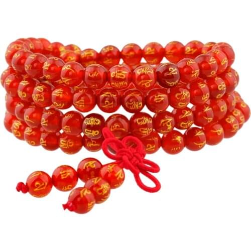 SUNYIK Carnelian 108 Six Words Mantra Beads Bracelet Tibetan Buddhist Mala Necklace