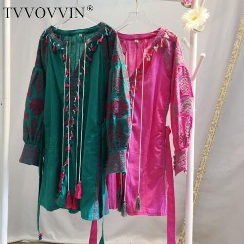 TVVOVVIN Autumn 2020 Spring National Style Holiday Bohemian Beach Dress Thailand Embroidery Tassled Cotton And Linen Dress IE0W