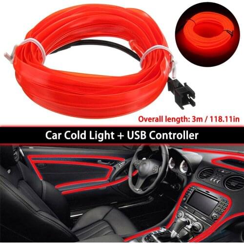Universal 3M Red Car Interior Lighting Auto LED Strip Lamp EL Wire Rope Auto Atmosphere Decorative Lamp Flexible Neon Light DIY