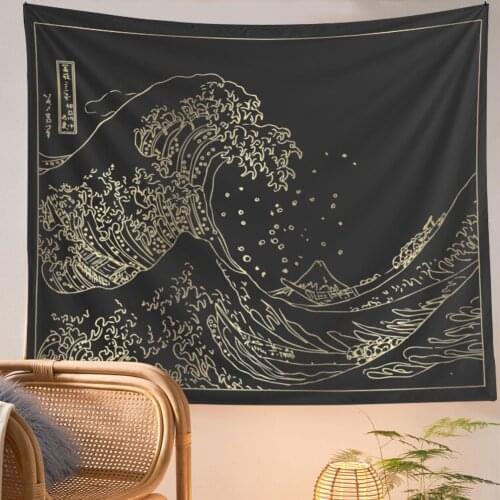 Japanese Kanagawa Wave Black and White Wall Hanging Tapestry Tapestries Boho Bedspread Blanket Bohemian Style Hanging Yoga Mat