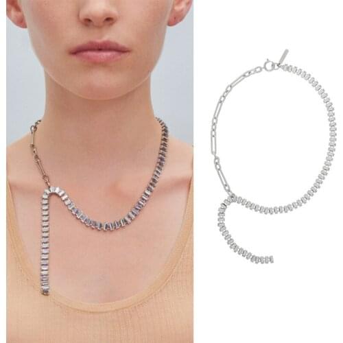 New metal chain personality asymmetry square crystal chain tassel long necklace womens jewelry
